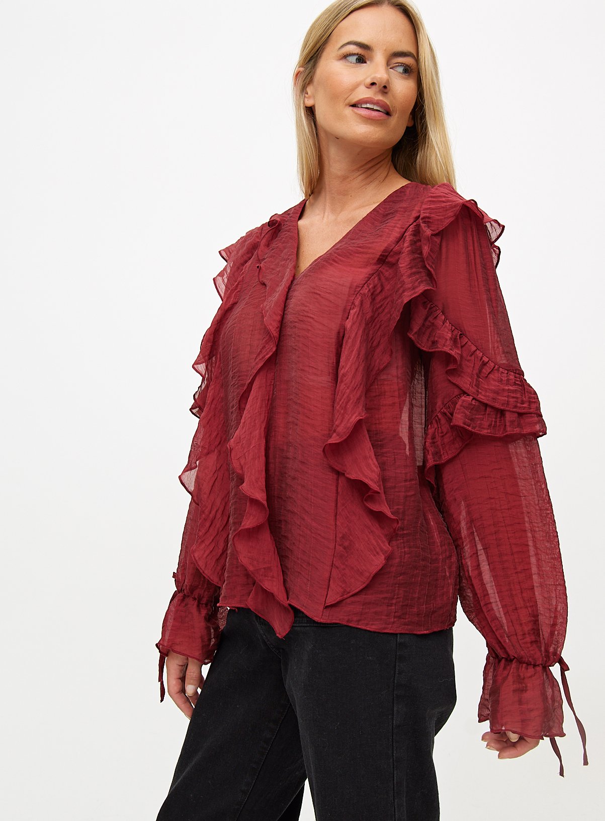 Berry Red Semi-Sheer Ruffle Blouse 24 - Image 1 thumbnail